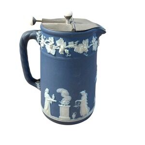 Antique Wedgwood Cobalt Blue Jasperware Syrup Jug Martin's Push Button Lid